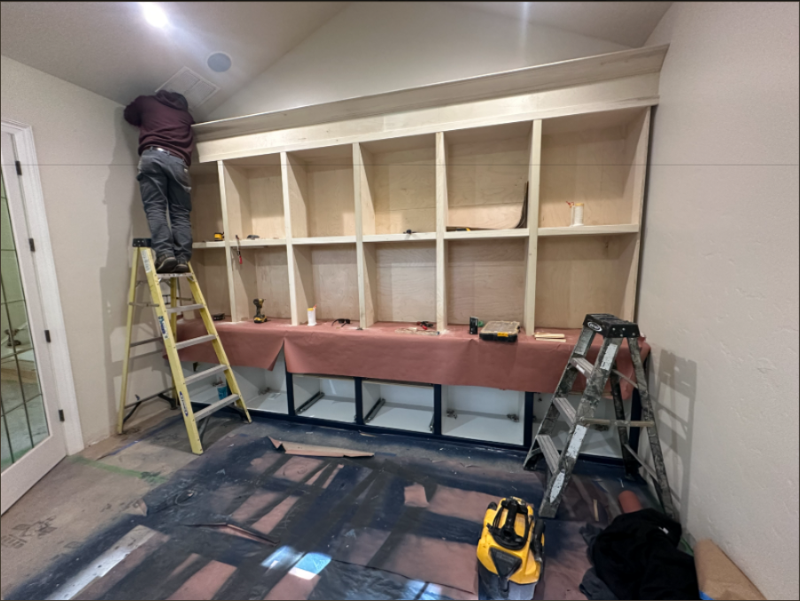 Harder Construction crew building custom built-ins in a Treasure Valley home
